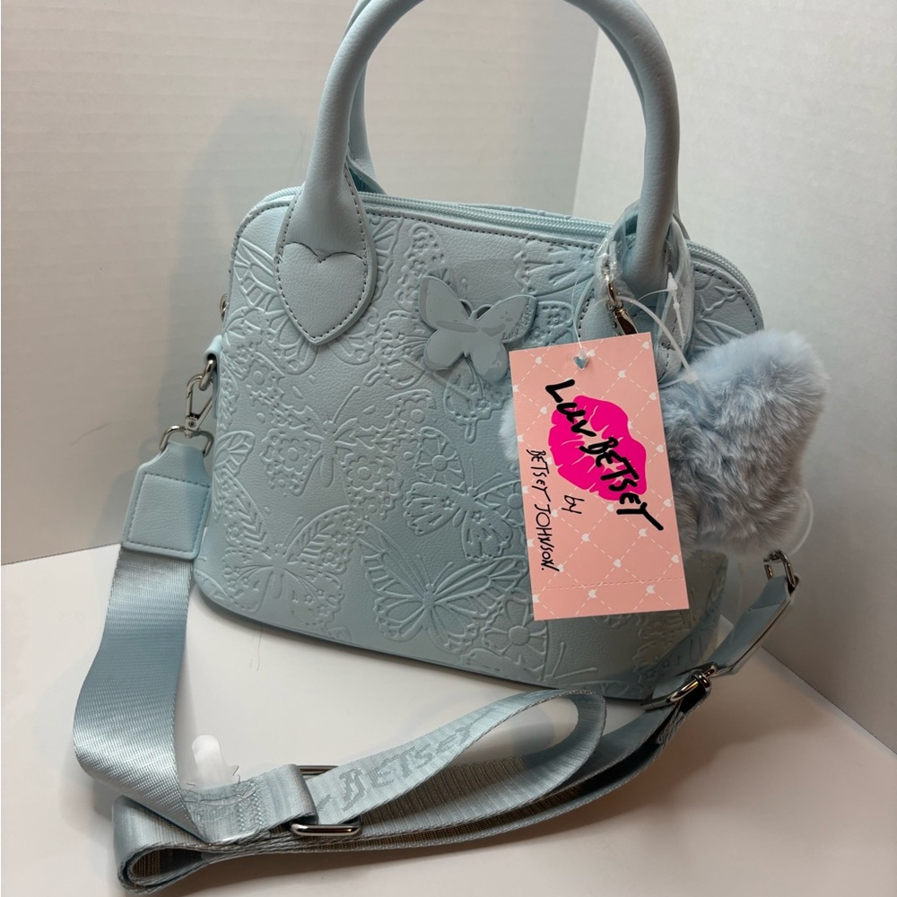 Luv Betsey Johnson Light Blue Embossed W butterflies crossbody purse